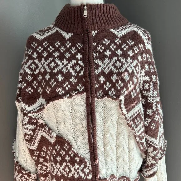 Fair Isle Cardigan Zip Up Brown NWT - Picture 2 of 3
